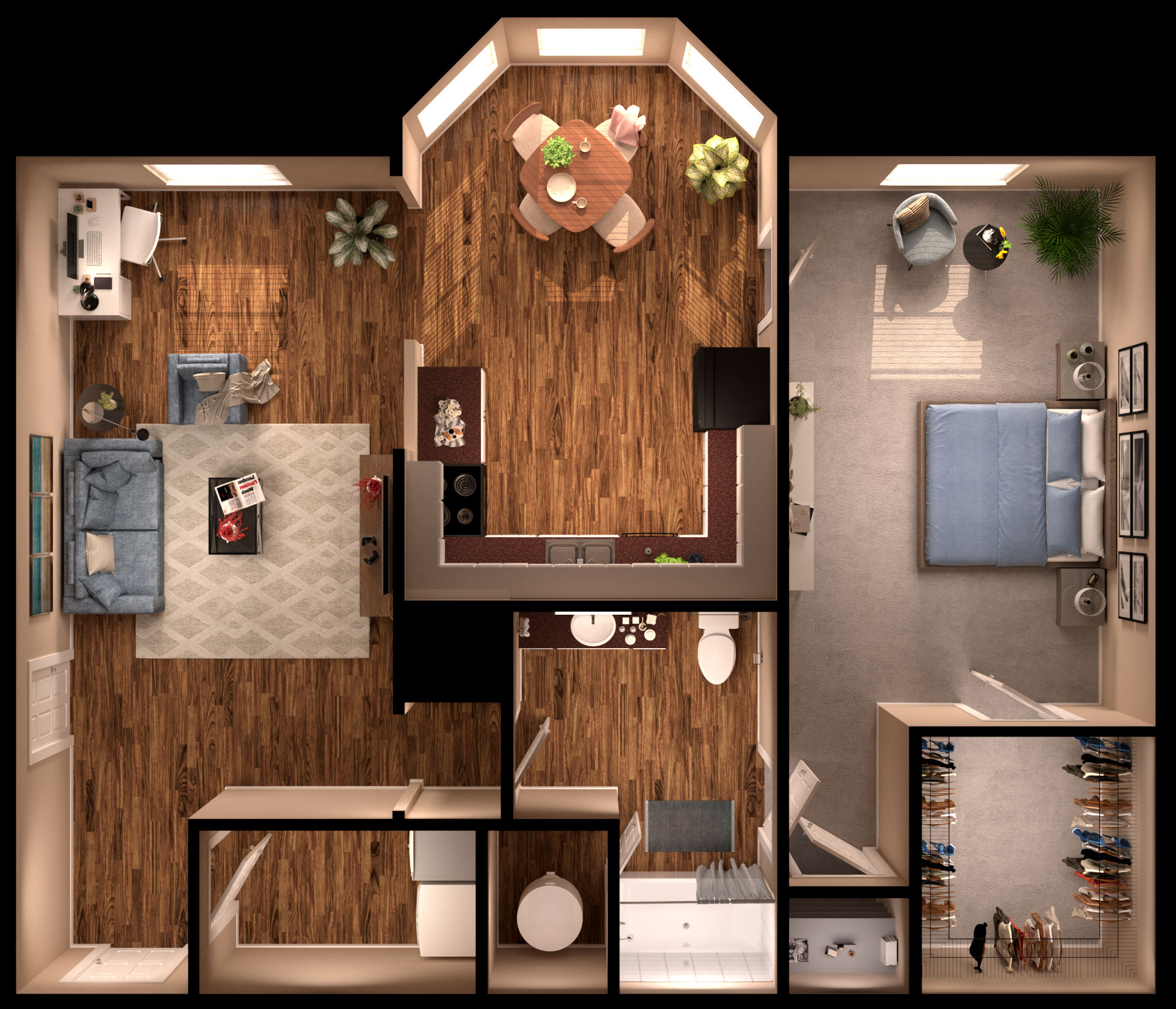 Floor plan for 1 bed, 1 bath, 1003 sqft